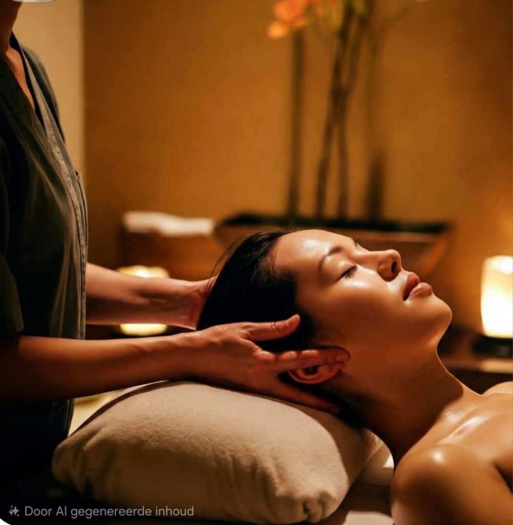 gezicht van vrouw die hoofdmassage krijgt